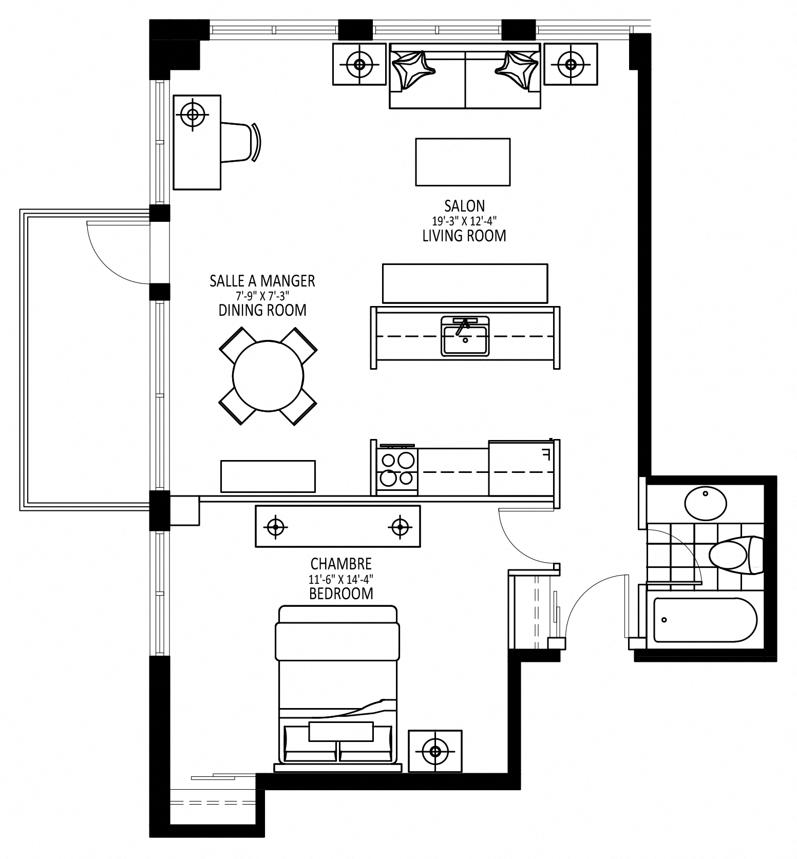Floor plan for 1 bed, 1 bath, 700 sqft